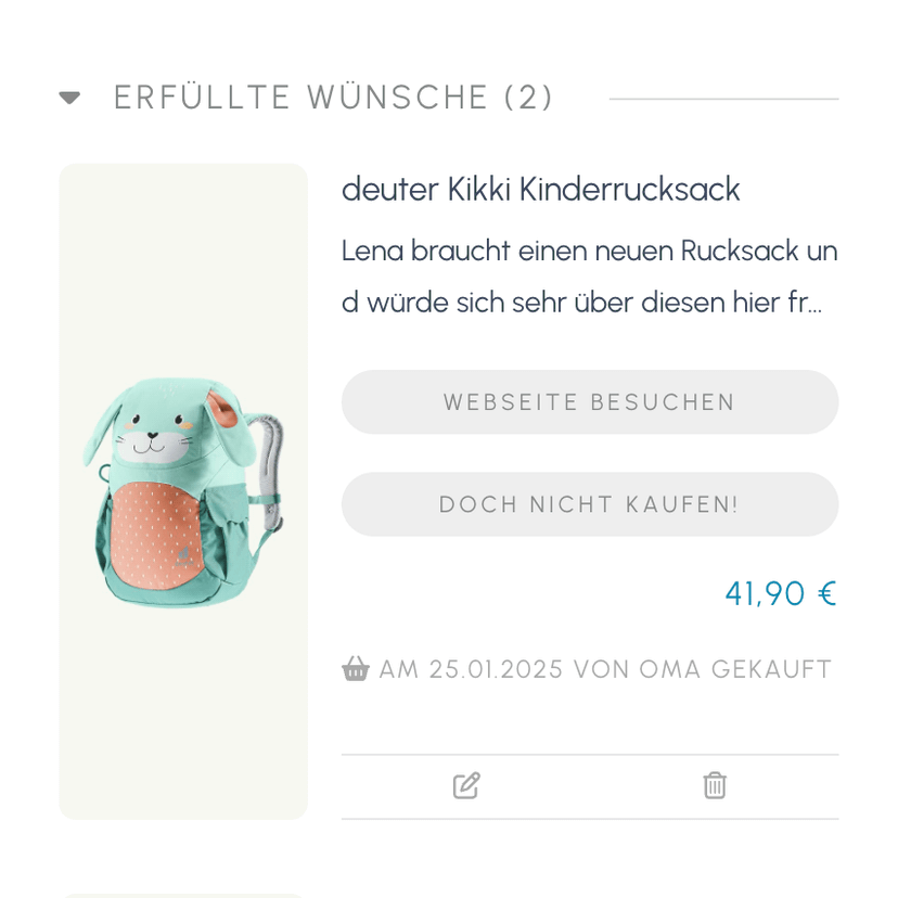 Schritt 3: Lena bekommt den Rucksack von ihrer Oma geschenkt und freut sich riesig. Ihre Mutter sieht wer den Wunsch erfüllt hat.