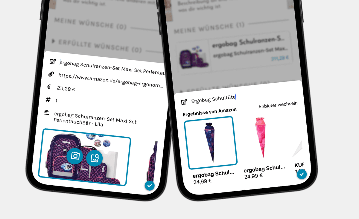 Einen Wunsch per Produktlink oder Text zur Liste hinzufügen.