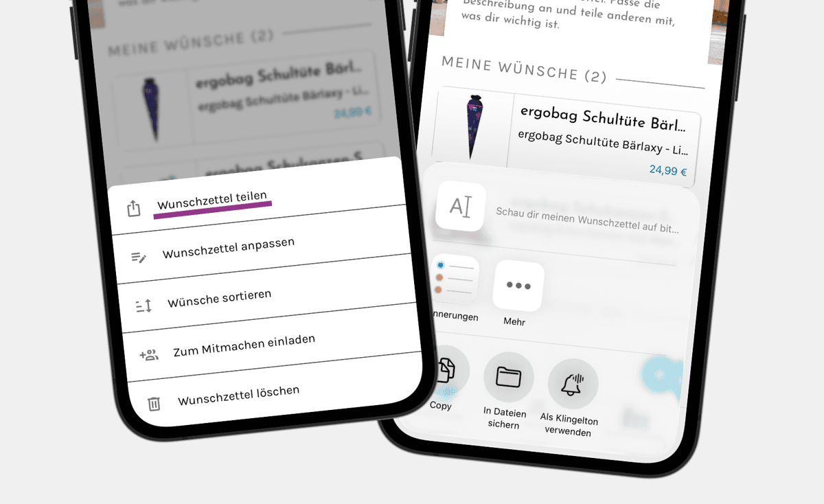 Teilen-Funktion für eine Wunschliste in der bitte.kaufen-App.