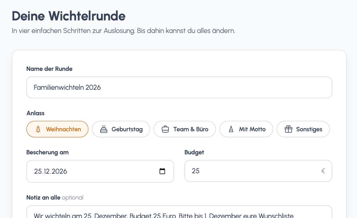 Formular zum Anlegen einer Wichtelrunde mit Anlass, Datum und Budget.