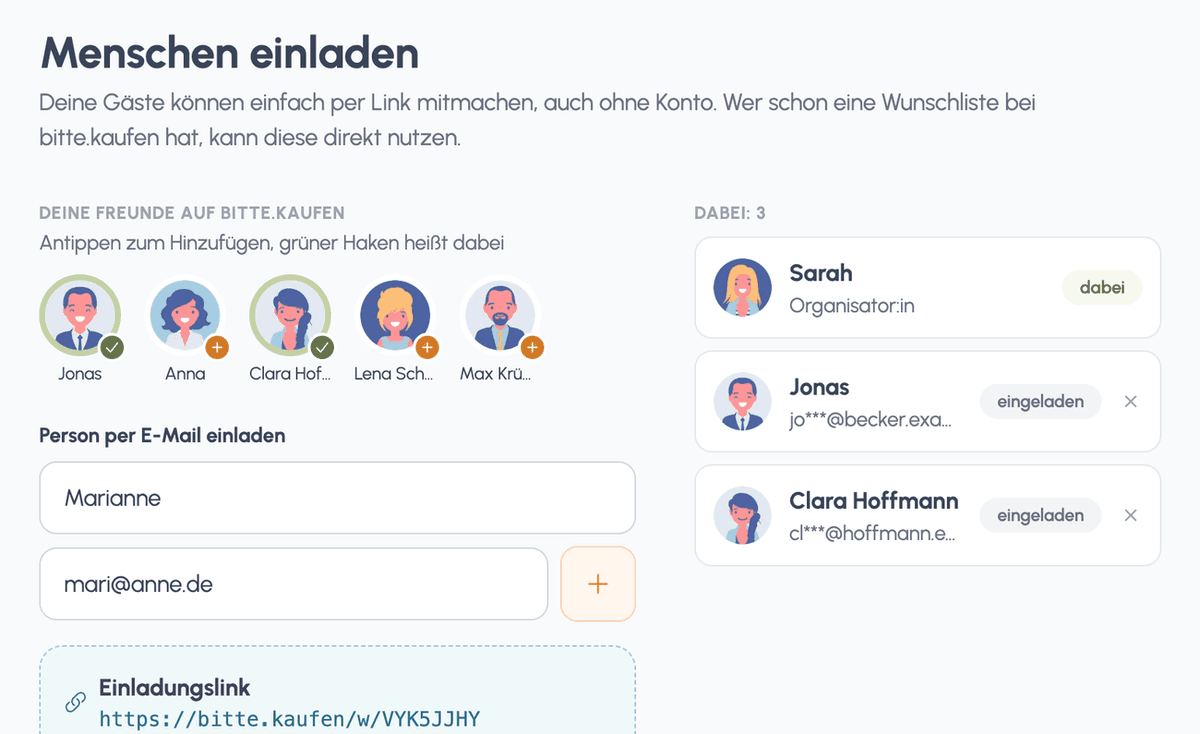 Einladung zur Wichtelrunde per E-Mail oder per Link.