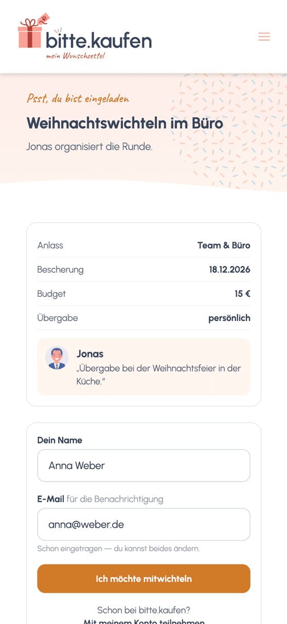 Einladung zur Wichtelrunde mit Name und E-Mail-Adresse annehmen, ohne ein Konto anzulegen.