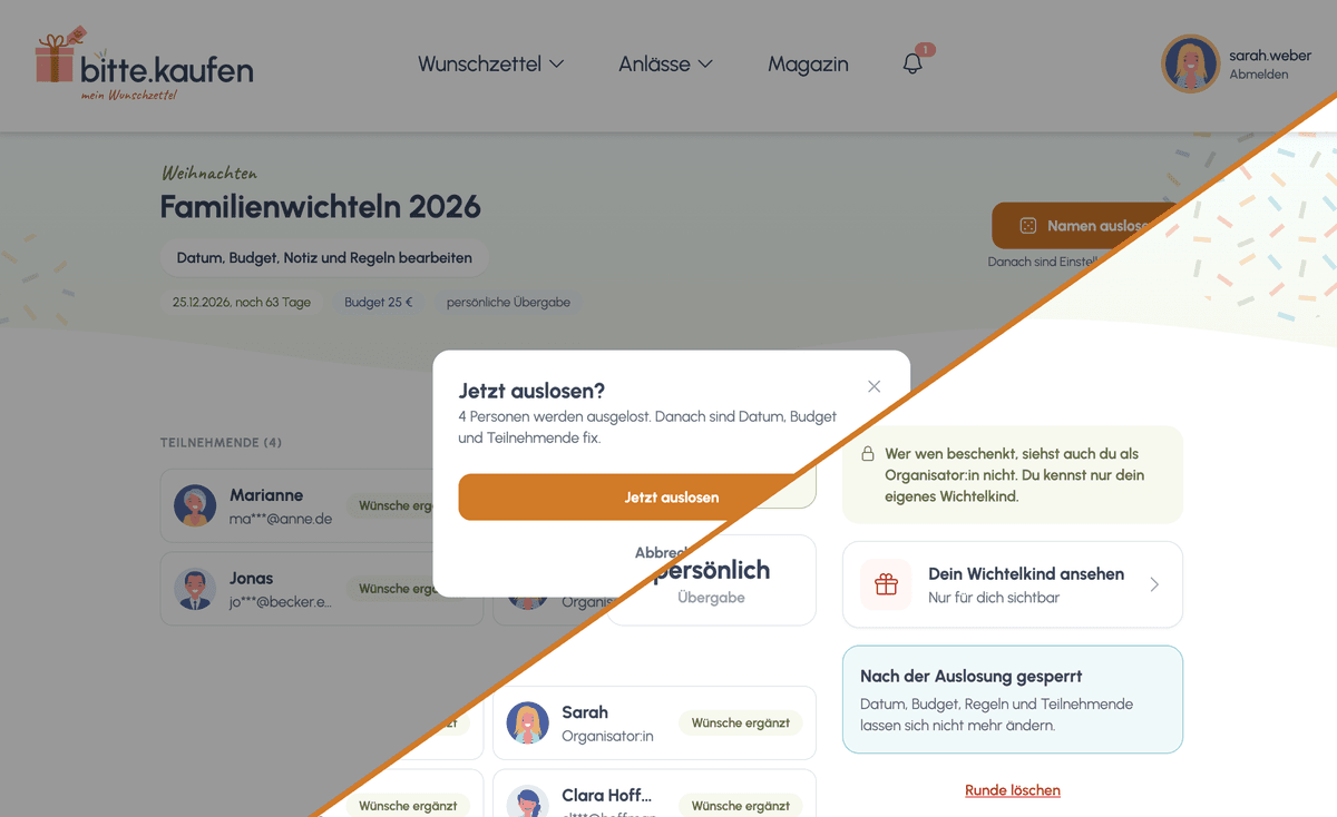 Wichtellos zum Anklicken, das die zugeloste Person aufdeckt.