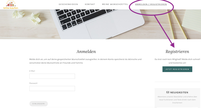Registrieren auf bitte.kaufen - Speichere deine Wunschzettel