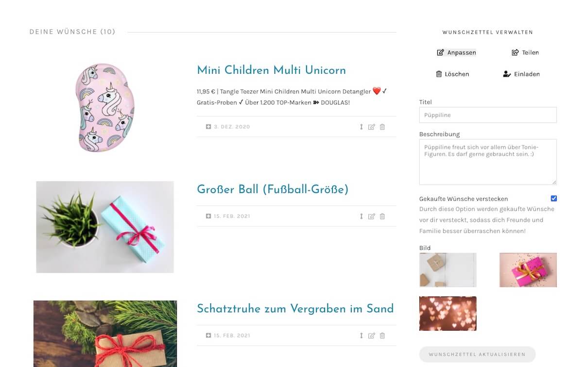 Gekaufte Wünsche im Browser verstecken: Wunschzettel verwalten > anpassen - bitte.kaufen