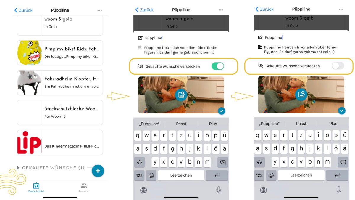 So kann man gekaufte Wünsche in der App ausblenden