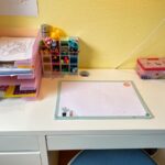 Schreibtisch-Ordnungssystem: Ablage für alte und neue Bilder, Stifte, Unterlage. Dazu Schubladen.