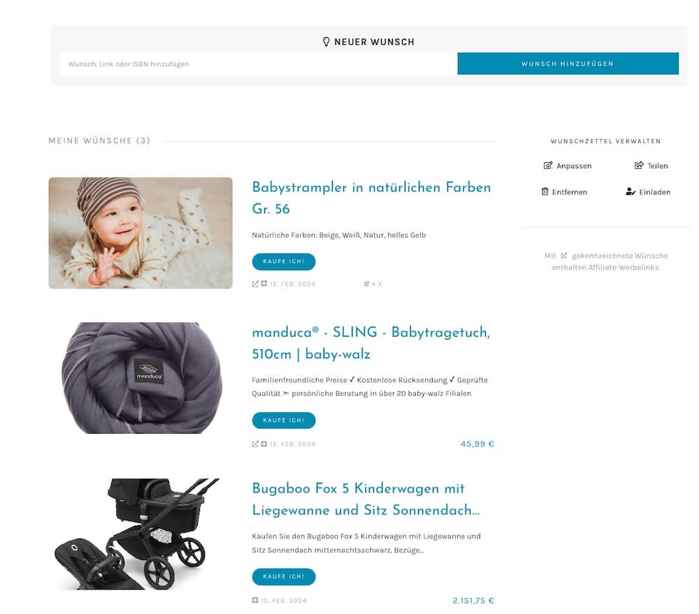 Baby-Wunschliste erstellen: Text oder Link aus Online-Shop einfügen - bitte.kaufen