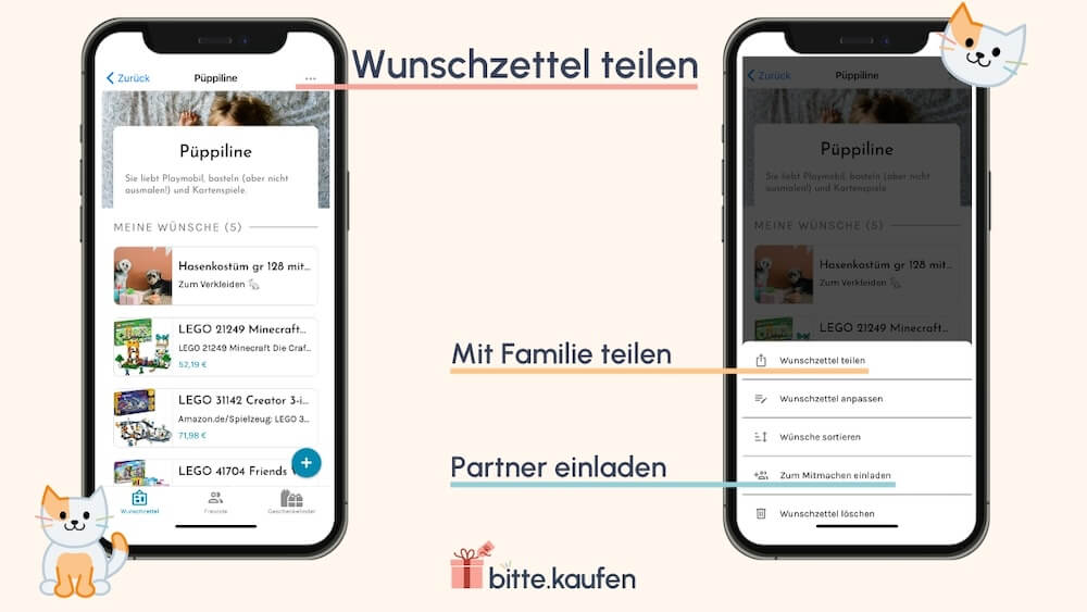 Wunschliste bitte.kaufen in der App teilen - mit Familie und dem Partner - Anleitung