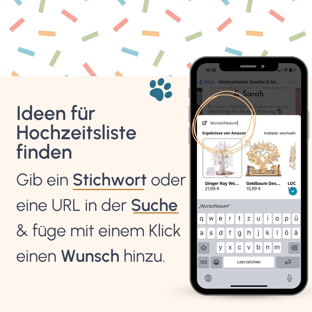 Ideen für die Hochzeitsliste finden - Stichwort oder URL eingeben - bitte.kaufen